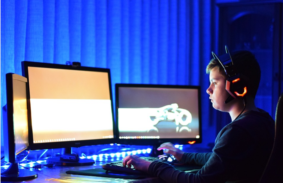 kid playing computer game in a PC
