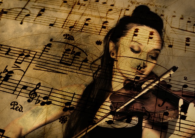 music notes with a girl playing violen in the background